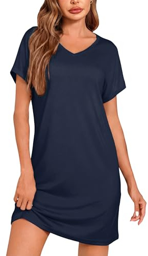 Leversic Camicia Notte Donna Maniche Corte Scollo a V Vestito Estivo Donna Pigiama Cotone Manica Corta T-Shirt da Casa Casual 1528-Blu XXL