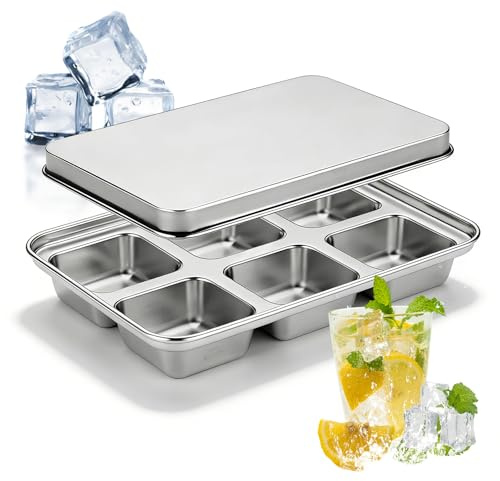 2 Pack Eiswürfelform Edelstahl, 6-Fach Eiswürfelbehälter mit Deckel, Groß Eiswürfelformen Edelstahl Stapelbar, Eiswürfelbox Eiswürfelschalen BPA Frei für Cocktail Whiskey Wein Schokolade Kaffee