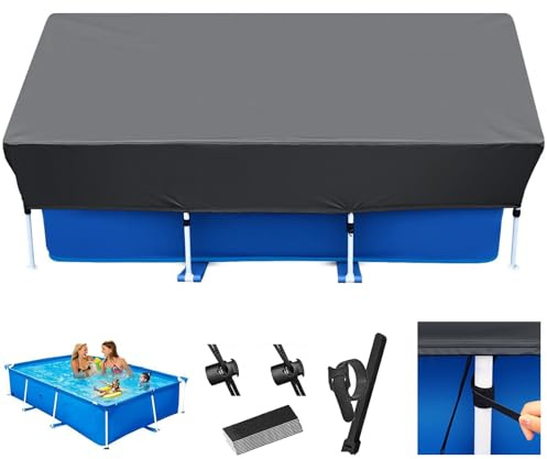 Cubierta de Piscina Rectangular con Fijar lengüetas de tracción e Cordones, Funda Piscina con Tapa Profunda, Resistente al Viento y a la Lluvia, a Prueba de Polvo para jardín al Aire Libre