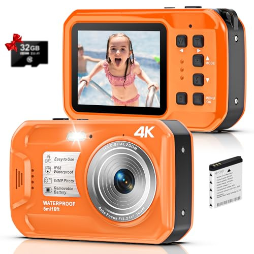 Digitalkamera, Yixinxin Unterwasserkamera 4K 64MP 16FT wasserdichte Kamera zum Schnorcheln, IPS HD Bildschirm 16X Digitalzoom und 32GB Karte