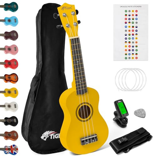 TIGER UKEKIT-YL Pacchetto Ukulele per principianti, Ukulele soprano, accordatore, tracolla, adesivi, corde di ricambio e plettro in feltro - Giallo