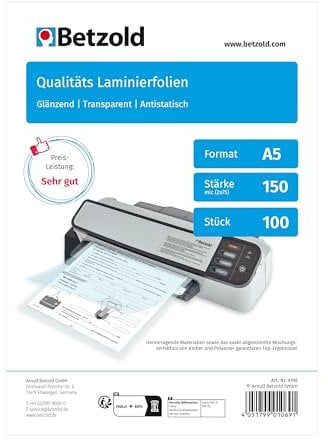 Betzold - Laminierfolien DIN A5, 100 Stück - Laminieren Schulbedarf Laminiertaschen 150 mic 250 micron
