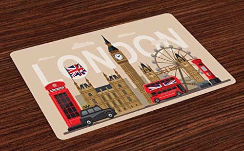 ABAKUHAUS London Platzmatten, Großbritannien Sehenswürdigkeiten, Waschbare Stoff Esszimmer Küche Tischdekorations Digitaldruck, Braun Rot