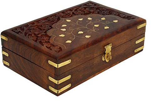 Ajuny Joyero de Madera Hecho a Mano con Incrustaciones de Latón para Mujer | Organizador de Viaje Multiusos para Almacenamiento de Recuerdos Tallado a mano | Regalo Decorativo vintage - 8x5 pulgadas