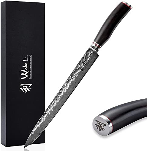 Wakoli Ebo Damastmesser Sashimi I 25 cm Klinge aus 67 Lagen I Damast Küchenmesser & Profi Kochmesser aus echtem Damaststahl mit Hammerschlag & Pakkaholzgriff