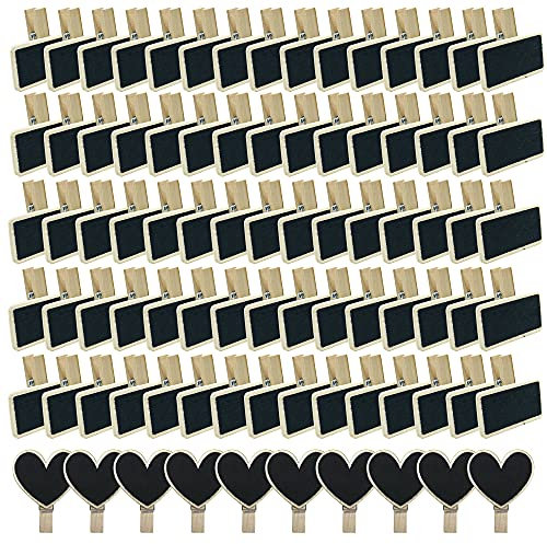 N\A Woohome 120 Stück Mini Tafeln Holztafel mit Klammer Rechteck Herzförmig Mini Klein Tafel Memotafel Mini Tafel mit Clips für Home, Hochzeit, Party Dekoration