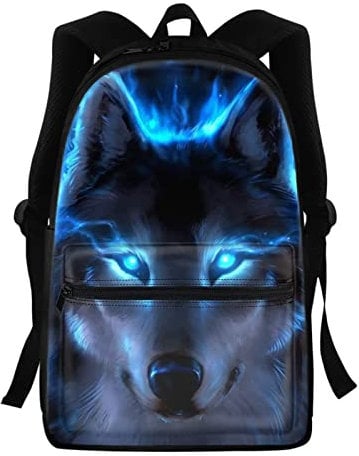 KUIFORTI Neon Blue Wolf Backpack for Kids,3D Animal School Bags for Boys Teen,Casual Daypack Unisex Laptop Bag Backpack