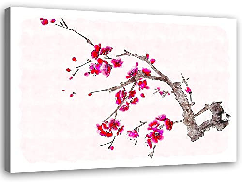 Feeby Impression sur Toile Intissee Cerisier en fleurs Fleurs Japon 60x40 cm Tableau Moderne Tableau Photo Chambre à Coucher Oriental Asie Est rouge