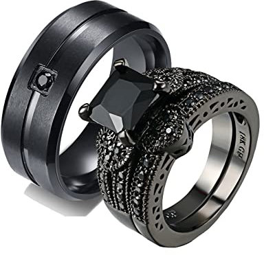 ANAZOZ 2 Stück Eheringe Paarpreis Edelstahl Vergoldet 8mm Breit Gebürstet Solitär Diamantring Hochzeit Ringe Eheringe E Schwarz Diamantring Euro Frau:60 (19.1) & Mann:67 (21.3)
