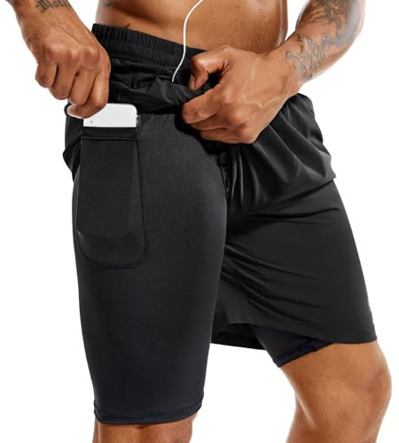 TENJOY Herren 2 in 1 Laufshorts 5 Zoll, schnell trocknende Gym Sport Workout Shorts mit Handytasche Schwarz XL