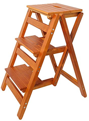 LHYZF Wooden 3 Step Ladder, Multi-Purpose Portable Stepladder Home Garden Library Climb Ladder - Walnut Color