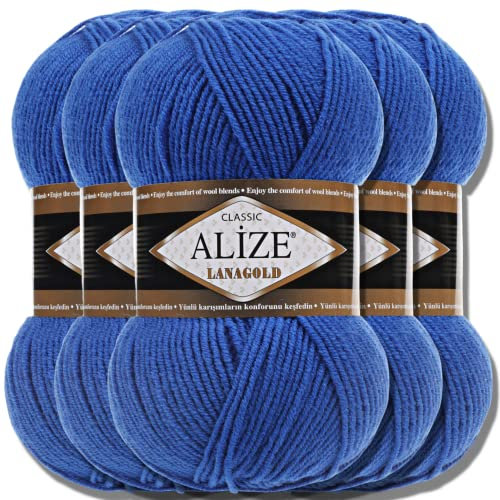 Alize 5 x 100g Lanagold Türkische Premium Wolle Baumwolle und Acryl Handstrickgarne | Yarn | Garn | Strickgarn Accessoire Baby zum Häkeln Stricken Kleidung Schals (Royal Blue | 141)