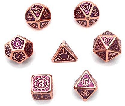 Fasizi Polyedrisches Würfel-Set aus Metall mit schwarzer Aufbewahrungstasche für Rollenspiele, Dungeons and Dragons, D&D, Mathematikunterricht, 7-teilig (Getriebe, Kupfer, Rot und Lila)