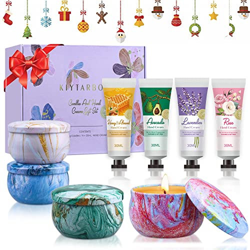 Geschenke für Frauen Weihnachten, KIYTARBOO Kleine Weihnachtsgeschenke für Frauen Männer - Duftkerzen Geschenkset 4 x 90g | Handcreme Set 4 x 30g | Geschenke Kleinigkeiten für Mama Freundin