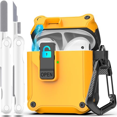 R-fun Kompatibel mit AirPods 2 Generation Hülle 2019, 1 Gen 2016 Case Cover, automatisches Pop-Up-Deckel-Design für Apple Airpods Hülle mit Reinigungsset & Schlüsselanhänger,Orange