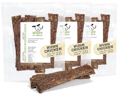 ROQSY Natur-Dörrfleisch 100% Huhn – Getreidefrei, Kauartikel, Trockenfleisch, Leckerli für Hunde, Idealer Snack für Welpen, Kaustreifen, Barf-fähig, Jerky – 300g