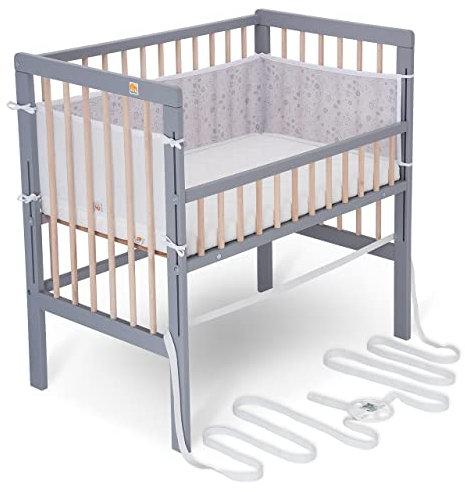 FabiMax Baby Beistellbett für Boxspringbett, TÜV geprüft 2022, inkl. Matratze und Nestchen aus Netzstoff, Buche massiv grau/Natur, Classic/graue Blümchen