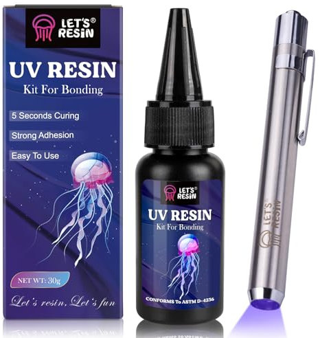 LET'S RESIN UV Resin Set mit UV Lampe, Kleben & Aushärten in Sekunden, 30g UV-Harz-Kit mit UV-Taschenlampe zum Schweißen, Schmuck UV-Kleber für Kunststoffreparatur, Glaslicht, Basteldekor