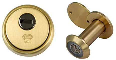 amig 6360 - Escudo de seguridad para puerta Modelo 31, Latón, Cuerpo reforzado en acero sinterizado, Antitaladro, Color latón & Mirilla con Lente Súper Angular para Puertas Interiores