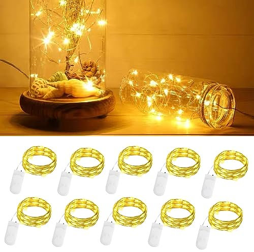Gcstnn Micro LED Lichterkette, 10 x 20er Drahtlichterkette mit CR2032 Batterie betrieb Auf 2M Silberdraht Wasserdichte für Party, Weihnachten, Halloween, Lichter Flasche Dekoration (Warm weiß)