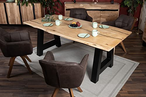 SAM Baumkantentisch 180 x 90 cm Polly, Epoxidharz-Adern in Schwarz, Akazienholz massiv + naturfarben, Esstisch mit A-Eisengestell Schwarz, Tischplatte 26 mm, Esszimmertisch mit echter Baumkante