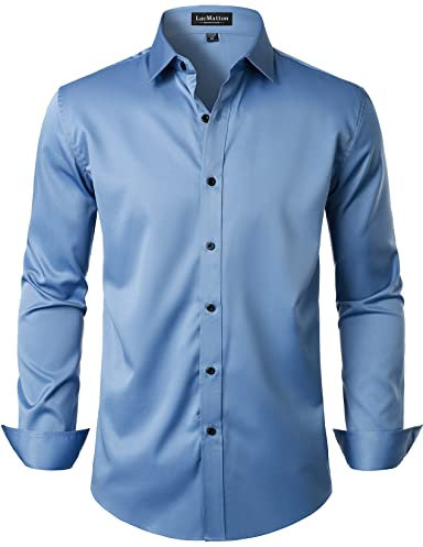 LucMatton – Chemise habillée formelle pour homme, sans plis, manches longues, coupe ajustée, boutonnée, pour mariage, fête, bleu clair, Taille M