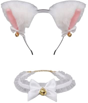 Katzenohren Haarreif, Cat Ears Stirnband Glöckchen Halskette, Katze Cosplay Set, Haarschmuck, Kopfschmuck, Karneval,Katzenohren Haarschmuck für Frauen Mädchen Cosplay Kostümfest Schwarz(Weiß) (weiß)