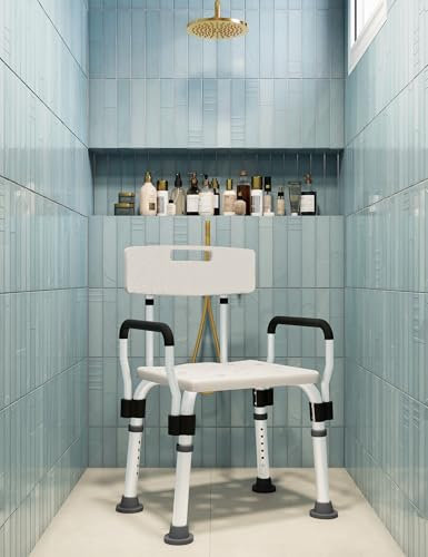 Ampia sedia da doccia per doccia interna con braccioli e supporto posteriore (carico massimo 136 kg), panca da doccia in plastica con borsa impermeabile, sgabello da doccia regolabile in altezza,