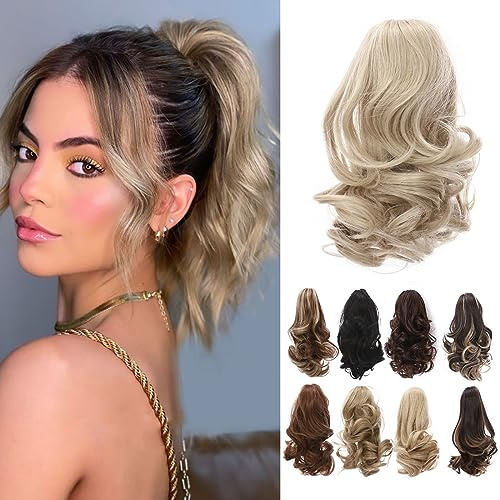 TESS Coleta Postiza Pelo, 30 cm Ondulado Postizos de Pelo Sintetico Blond Coleta Extensiones con Pinza para Mujeres
