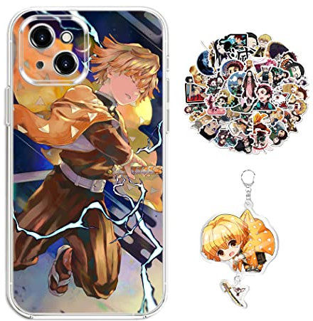 Demon -Slayer Hülle für iPhone 11 Anime Zenitsu Handyhülle [Mit Schlüsselbund und 50pcs Aufkleber] Cartoons Transparent Silikon Case Hülle für iPhone 11