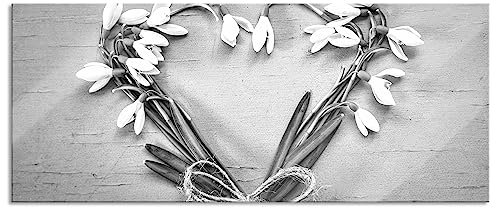 Pixxprint Glasbild Panorama, Wandbild aus Echtglas, Herz aus Blumen Kunst B&W, 100x40 cm, inkl. Aufhängung und Abstandshalter