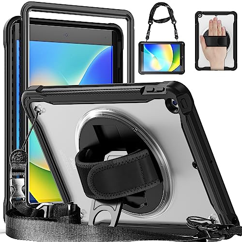UFinetech Custodia per iPad 10.2 Pollici, con iPad 9a/8a/7a Generazione 2021/2020/2019, Cover Leggera in TPU, Protezione Antiurto, Funzione Supporto 360 Gradi, Portapenne, Cinturino Regolabile, Nero