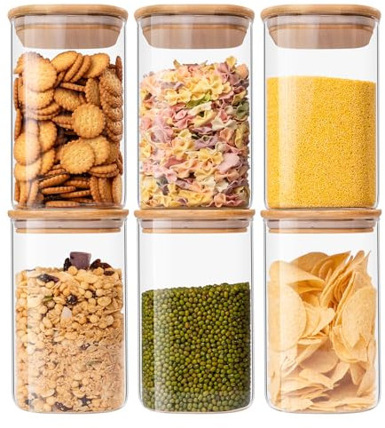 Liuruiyu Lot de 6 bocaux de conservation en verre transparent avec couvercle en bambou hermétique pour servir du thé, du café, de la farine, du sucre, des bonbons, des biscuits, des épices et plus