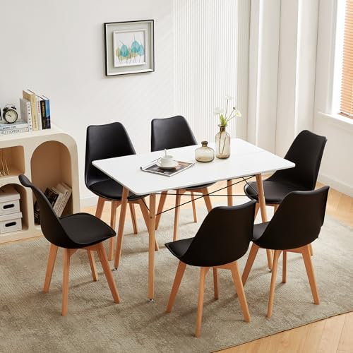 H.J WeDoo Esstisch-Set mit 6 Stühlen, rechteckig, 110 cm, geeignet für Esszimmer, Küche, Wohnzimmer | Weiß Tisch + schwarze Stühle