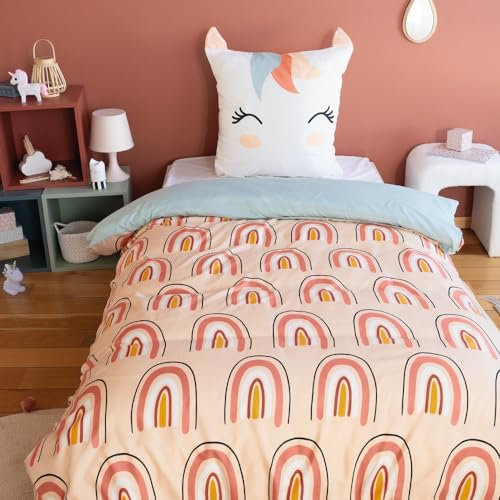 CÔTE DECO Parure de lit 140x200 cm Enfant - Housse de Couette 140x200 cm + 1 Taie d'oreiller 63x63 cm Motif imprimé Licorne Rose et Bleu – Set de Housse de Couette en Microfibre