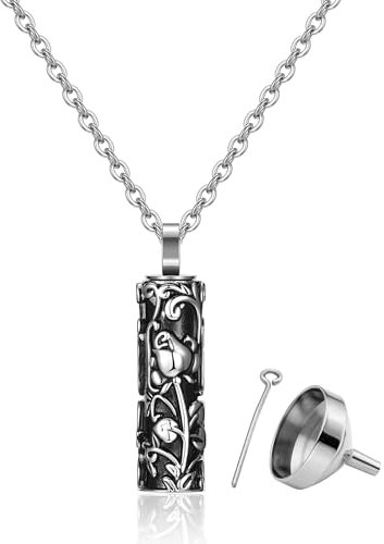 JSDDE Memorial Urnen Anhänger Halskette, Vintage Urne Anhänger für Asche Haare Nagel, Locket Anhänger zum befüllen, Asche Anhänger Kette mit Trichter füllen Kit