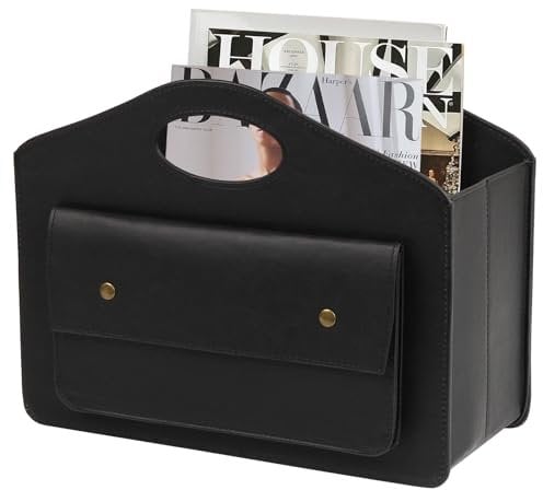 HofferRuffer Porte-revues en cuir avec poignée, panier de rangement pliable avec petit sac avant, organiseur multifonction, noir, 35 x 28 x 15 cm
