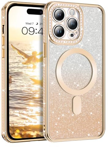 BENTOBEN Magsafe Hülle für iPhone 15 Pro - Glitzer Weich Silikon TPU Stoßfeste Handyhülle, Diamant Bling Slim Dünn Bumper Case für 6.1 Gold