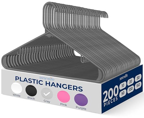 SereneLife Kleiderbügel Kunstoff, 200 Stück Kleiderbügel Platzsparend, rutschfeste Bügel 0,6cm dick, 42cm lang, Robuste Hangers für Kleideraufbewahrung & Organisation, Grau