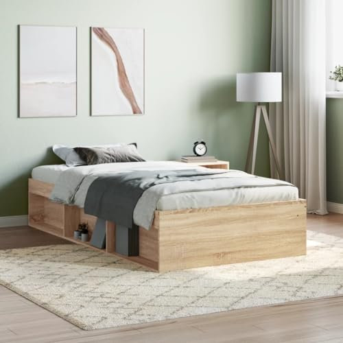 Gecheer Bettgestell Bettrahmen Stauraumbett Gästebett Jugendbett mit Lattenrost Doppelbett/Einzelbett Bett für Schlafzimmer Gästezimmer Sonoma-Eiche 90x200 cm