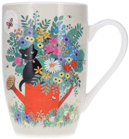 KIUB Très grand mug porcelaine arrondi - motif chat en plein jardinage avec son arrosoir et au milieu des fleurs- hauteur 12CM - contenance 490ML - boite assortie