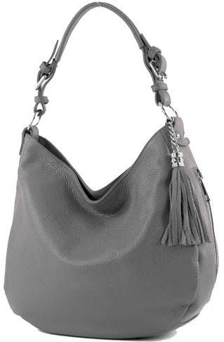 modamoda de T200 Damen Leder Schultertasche Henkeltasche handmade in Italy, Farbe:Graphitgrau
