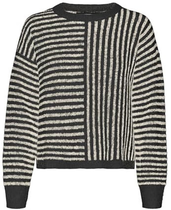 VERO MODA Damen Vmuranus Ls Oneck Cropped Pullover Ga Bf Strickpullover, Black/Detail:W. Birch Melange, M