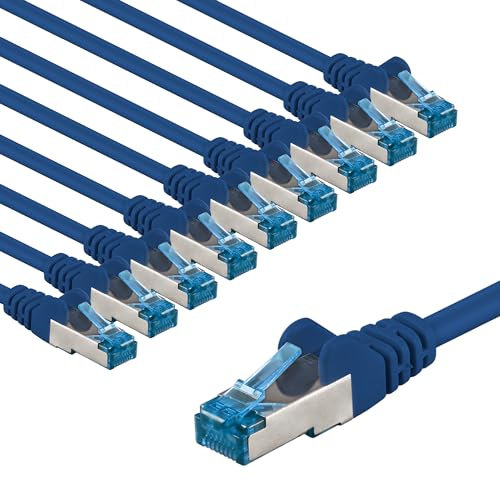 goobay Lot de 10 câbles réseau CAT 6A - Câble patch blindé S/FTP/CU - Câble Ethernet PiMF LSZH/Cat 6a - 10 Gbits - Bleu - 10 x 5 m 66039