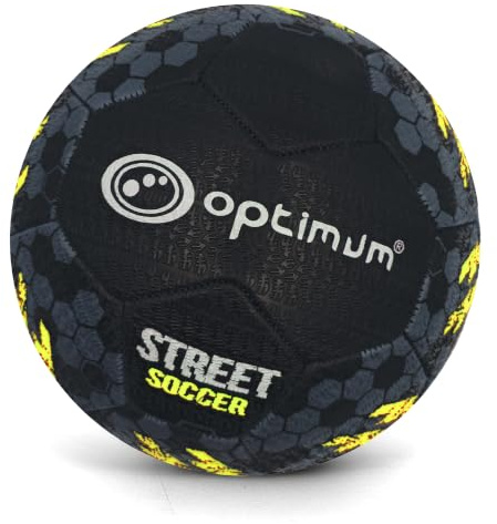Optimum All-Surface Street Football for Concrete, Cage, Grass & Astroturf | All-weather, match-weight football with high-traction tyre grip for total touch & control. Optional football pump available.