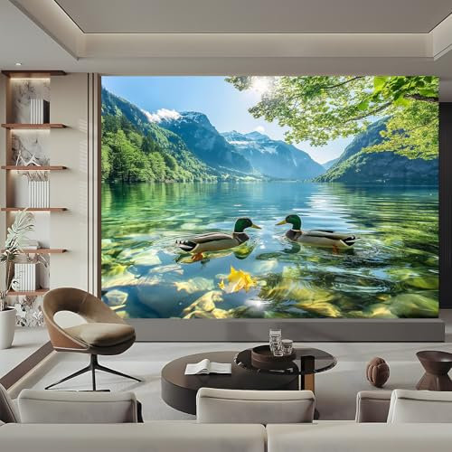 Papier Peint Intissé Canard Animalier, 3D Panoramique Papier Peint Bleu Vert pour Salon Chambre Décoration Murale Poster, Tableaux Muraux 200 x 140 cm pour Adolescents et Enfants