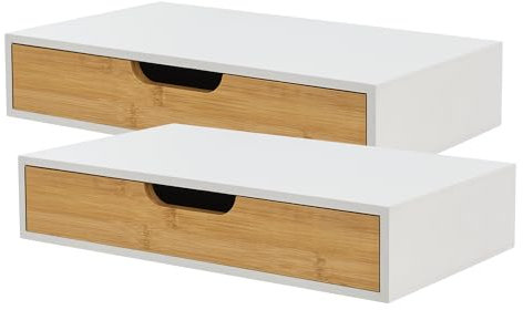 [en.casa] Set de 2 Estantes Pared Bokn para Llaves Libros Gafas Lámpara Estantería 2 Mesillas de Noche Mural con Cajón máx. 5 kg Bambú 40 x 24 x 8 cm - Blanco y Natural