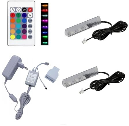 QLS LED RGB Set Glaskantenbeleuchtung Clip 12V mit Fernbedienung 16 Farben Dimmbar (Weiß, 2 Stück)