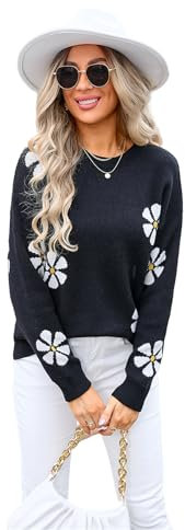 HEYPORK Damen Herbst Winter Warm Bequem Pullover Casual Mode Strickjacke Strickpullover Frauen Strickwaren Clashing Flower Pullover(Schwarz, M)