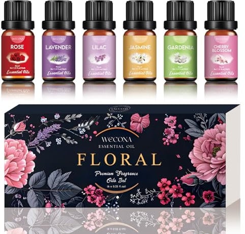 Floral Essential Oils Set 6x10ml -Essential Oils for Diffusers for Home & Candle Making - Rose, Lavender, Lilac, Jasmine, Gardenia, Cherry Blossom Fragrance Oils